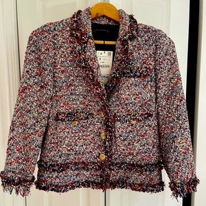 Zara Tweed Jacket, gold buttons & frayed trim - S